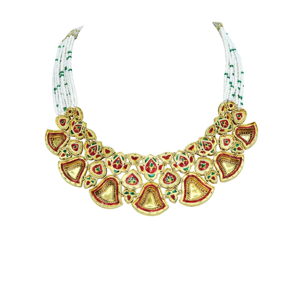 Polki Necklace Set with Fan Motifs and Matching Drops